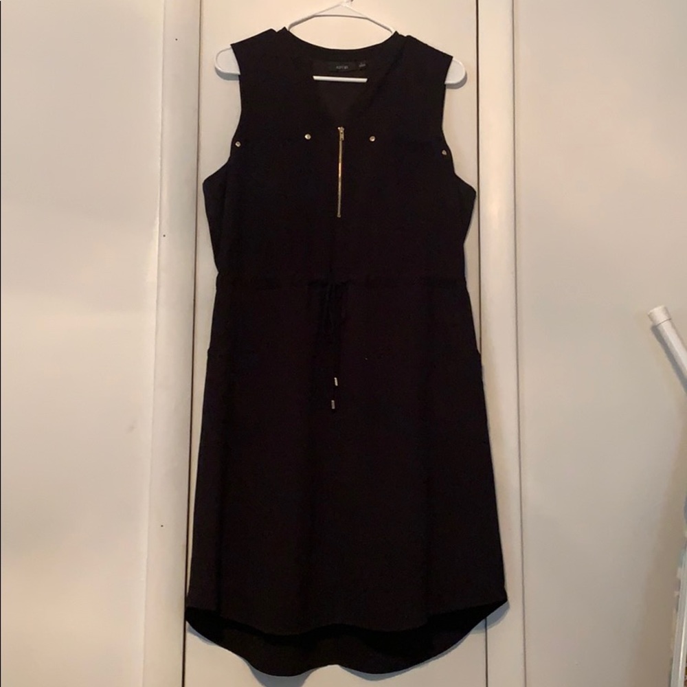 Black professional shift dress with gold accents